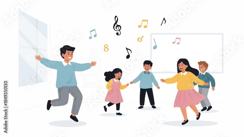 Illustration of a diverse group of people dancing and having fun together with musical notes floating in the air against a white background.