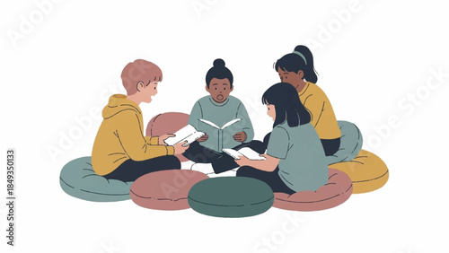 Illustration of a diverse group of four people sitting on colorful cushions reading books in a casual, relaxed setting.