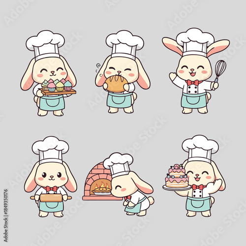 Cute Bunny Chef Baking and Cooking Illustrations.