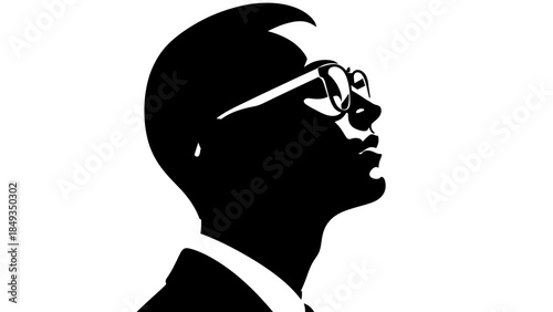 A black silhouette illustration of a man wearing glasses looks up