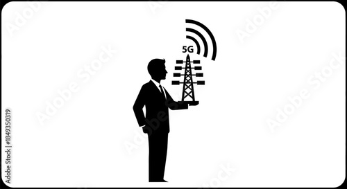 A man in a business suit holds a 5G tower in his hand with signal waves emanating from it.