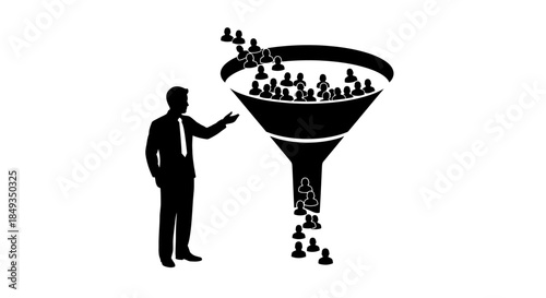 Businessman presenting a funnel of people in a business setting with illustrations.