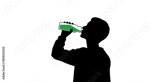 Man drinking green beverage from bottle in dark silhouette against white background
