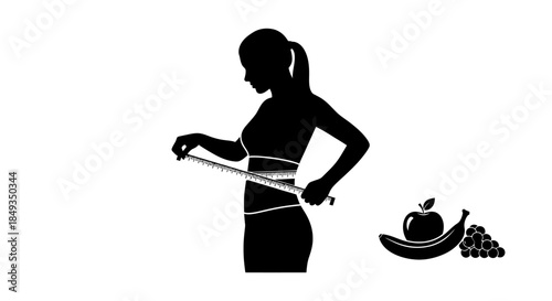 A woman measuring her waist with a tape measure, surrounded by healthy fruits, promoting a lifestyle of fitness and wellness, in a simple illustration style from a straightforward viewpoint.
