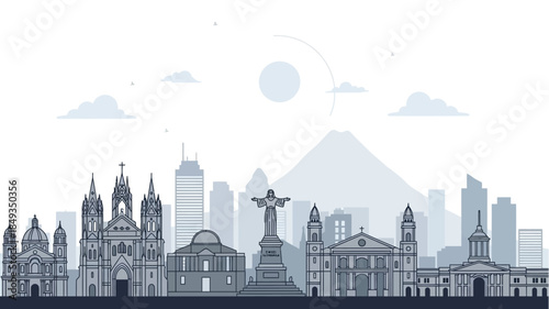 Detailed vector illustration of an iconic city skyline showcasing a blend of historic architecture, modern towers, and a majestic volcano, perfect for travel and tourism concepts