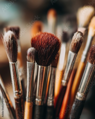 Close-Up of Makeup Brushes - Artistic Texture, Soft Focus, Warm Tones, Beauty Tools.
