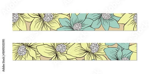 Vector illustration of a set of decorative ribbon stripes. Masking tape, satin or corsage, grssgrain tape, adhesive tapes for frames, scrapbooking. Packing patterned ribbons with foral ornament.