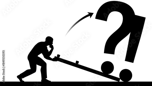 A man struggles to push a large question mark up a seesaw with a sphere.