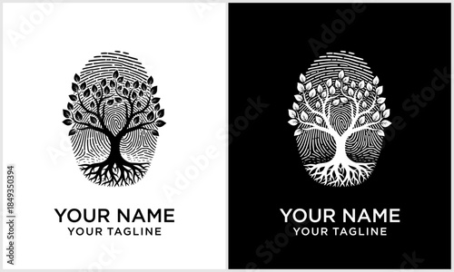 Tree Fingerprint Logo Design with Roots and Leaves - Organic Identity Nature Growth Symbol logotype.