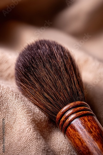 Close-Up of Makeup Brush with Soft Bristles on Textured Fabric.