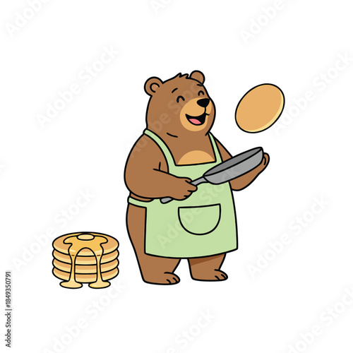 Cute cartoon bear making pancakes in the kitchen.