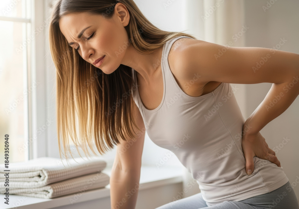 Naklejka premium Young woman suffering from sudden lower back pain at home, holding aching lumbar area with tense expression, highlighting discomfort, spine strain and need for pain relief