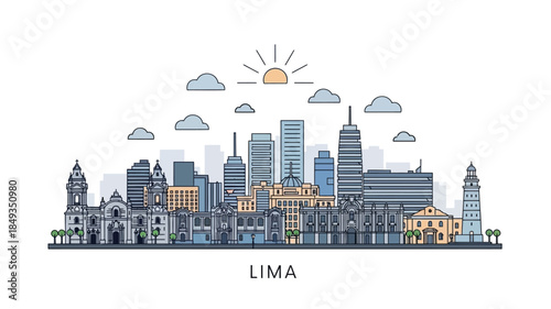 Stylized Lima, Peru city skyline vector illustration featuring iconic architectural landmarks and modern skyscrapers under a vibrant sunrise, perfect for travel and urban design projects