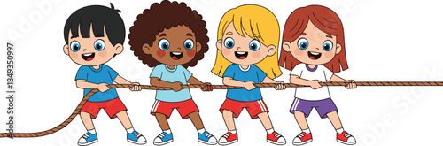 Diverse Group of Happy Children Playing Tug-of-War Game, Kids Pulling Rope Teamwork Illustration, Fun Outdoor Sports Activity for Competition and Friendship Vector