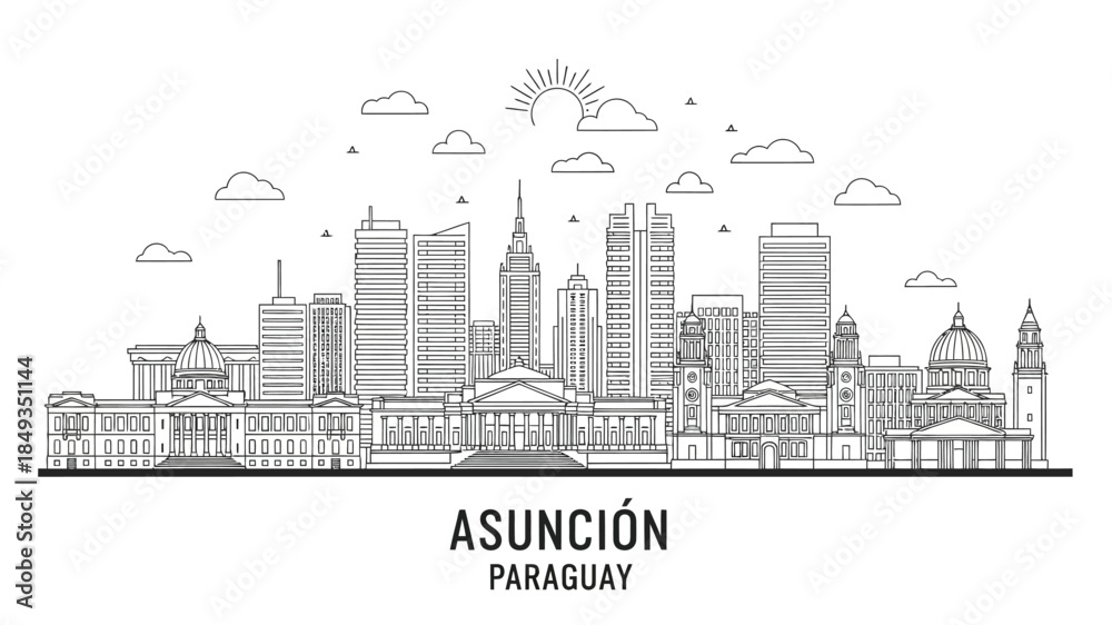 Obraz premium Detailed vector outline of Asunción, Paraguay, showcasing its iconic city skyline with historical landmarks and modern high-rise buildings, perfect for travel and architectural designs