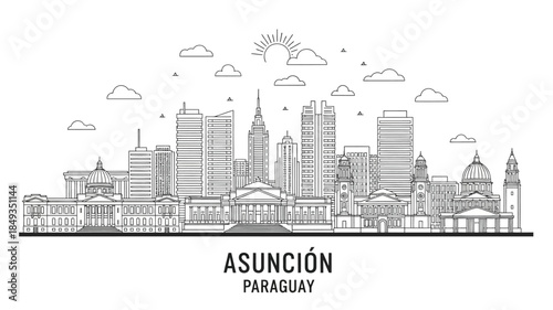 Detailed vector outline of Asunción, Paraguay, showcasing its iconic city skyline with historical landmarks and modern high-rise buildings, perfect for travel and architectural designs