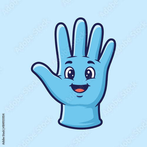 Cute cartoon blue medical glove with a happy face.