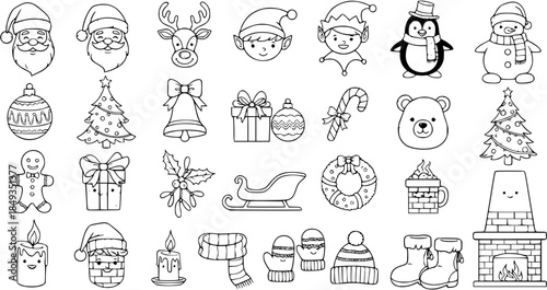 Cute Christmas and Winter Holiday Doodles Collection. Black and white outline illustrations featuring Santa, elves, animals, trees, gifts, and festive decor elements.