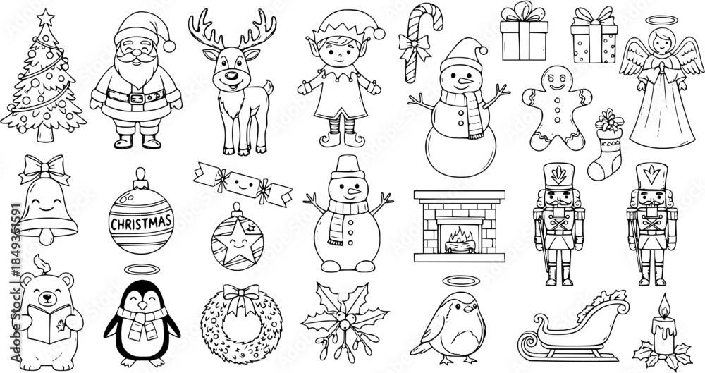 Obraz premium Christmas Holiday Line Art Collection for Kids: Festive Black and White Coloring Page Elements featuring Santa, Reindeer, Elf, Snowman, Tree, Gifts, and more.
