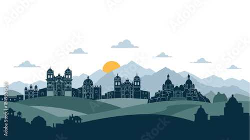 Stylized cityscape illustration featuring prominent historical buildings and domes silhouetted against a serene mountainous landscape with a glowing sunset