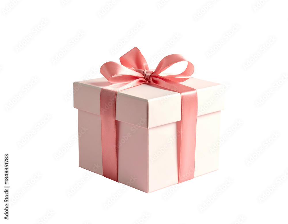 Fototapeta premium A pale pink cube gift box tied with a lustrous, silky ribbon.