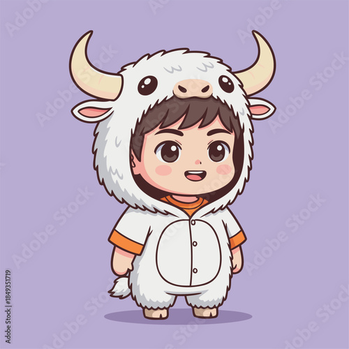 Cute cartoon boy in a fluffy white yak costume with horns.