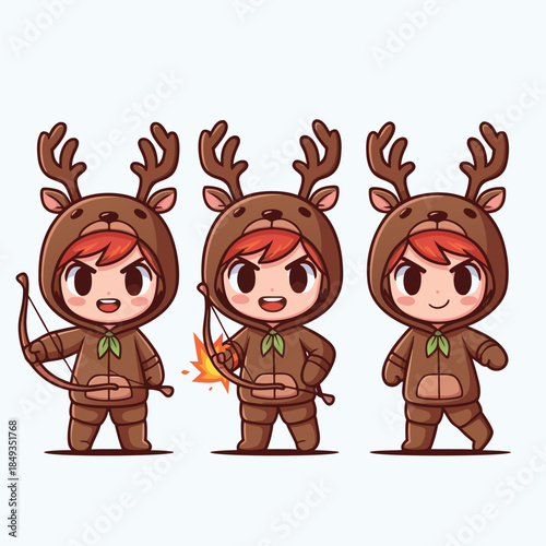Cute cartoon boy in deer costume holding bow and arrow.