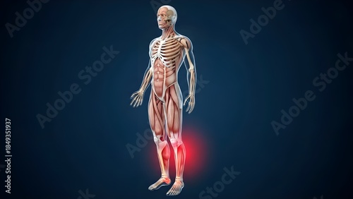 3D medical illustration showing a transparent male leg with a red highlight on the shin bone, representing pain, shin splints, or muscle inflammation on a blue background
