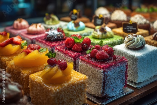 Colorful Array of Exquisite Square Cakes with Fresh Fruit Toppings in a Display Case.