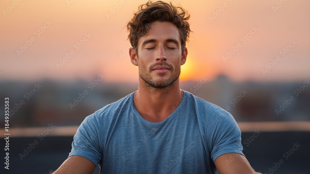 Fototapeta premium A man peacefully meditating at sunset, embodying serenity and inner peace