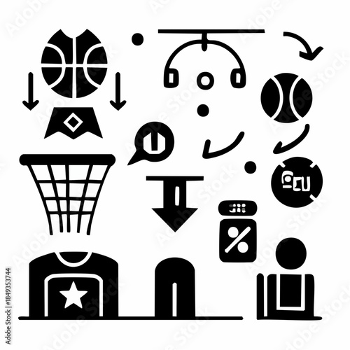 Basketball Sport Solid Icon Set Minimalist Glyph Style Black Monochrome Vector Icons. Depicting game play, scoring, player actions, strategy, and promotional offers