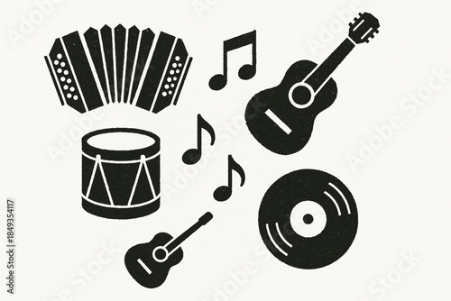Argentine Music Icon Set with Bandoneón, Guitar and Folk Instruments in Flat Vector