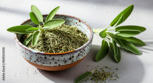 Dried rubbed sage in a ceramic bowl with fresh sage sprigs on a neutral stone surface