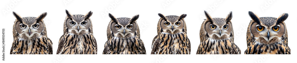 Obraz premium A majestic array of owls, their intelligent eyes staring directly forward, showcases the captivating beauty and wisdom of these nocturnal predators. png transparent background