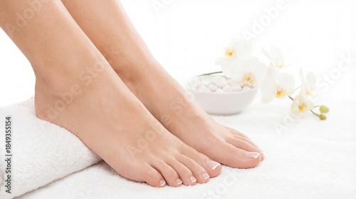 Woman's Feet with a French Pedicure on a White Spa Towel