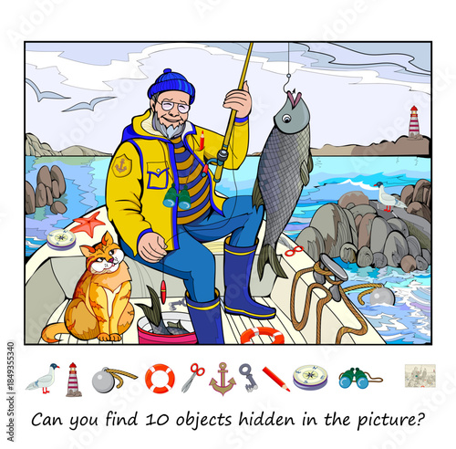 Can you find 10 objects hidden in the picture? I spy game. Logic puzzle for children and adults. Drawing of funny fisherman in a boat fishing. Education page for kids. Hand drawn vector illustration