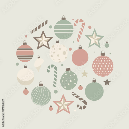 Festive Christmas Decorations with Ornaments and Candy Canes in Soft Pastel Colors