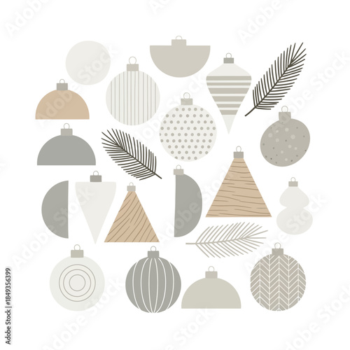 Minimalistic Christmas Ornament Collection with Tree Branches and Diverse Shapes