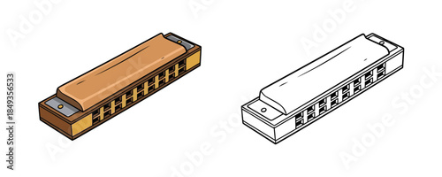 Colored and black and white outline vector illustrations of classic harmonica in isometric style in brown and silver colors used for music icons and educational kits