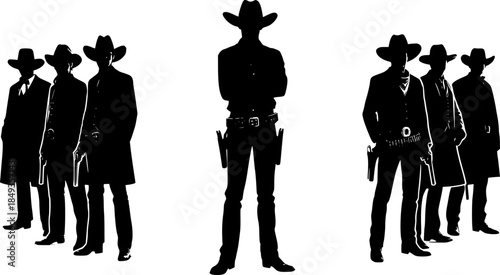 Silhouettes of cowboy in various poses including 