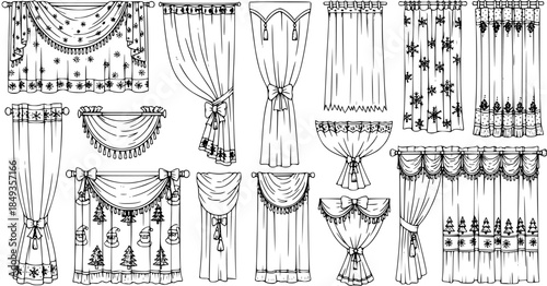 Line Art Curtain Designs Collection: Various Window Treatments, Valances, Tie-Backs, and Holiday Patterns