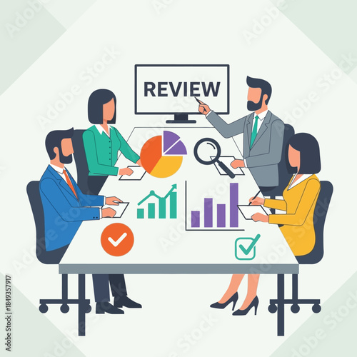 Business team conducting a review meeting with data analysis.