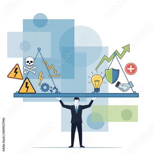 Businessman Balancing Risks and Opportunities in Business Strategy.