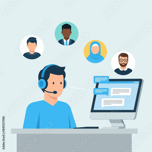 Customer service representative with headset assisting diverse clients online.
