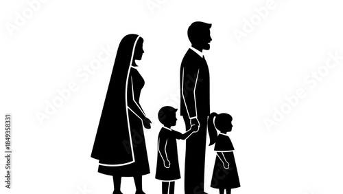 A family of four standing together in a serene illustration, captured from a straightforward viewpoint, Whisk-inspired scene