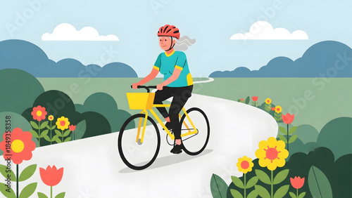 Active Senior Woman Riding Bicycle on Scenic Country Road with Flowers, Elderly Healthy Lifestyle and Outdoor Exercise, Flat Vector Illustration