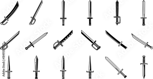 Sword icon vector set. saber illustration sign collection. weapon symbol. steel logo.
