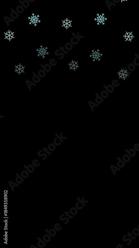 Smartphone-ratio falling snowflakes motion graphics with central copy space on black background. Concept of winter season mood, happy holidays, snow background animation and xmas design elements.