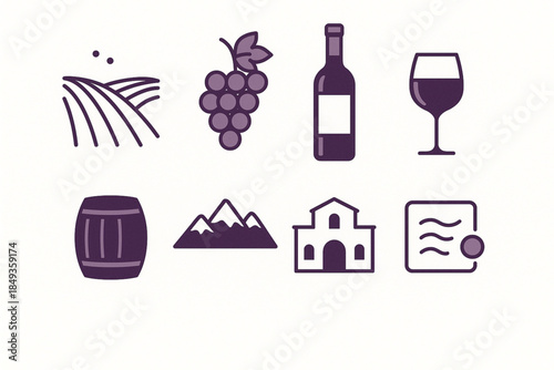 Mendoza Wine Culture Icon Set with Malbec, Vineyards and Andes in Flat Vector