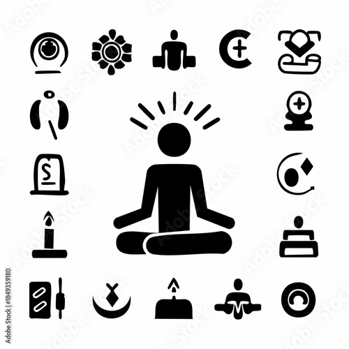Minimalist icon set representing meditation, mindfulness, and spiritual well-being in a solid, black monochrome vector style